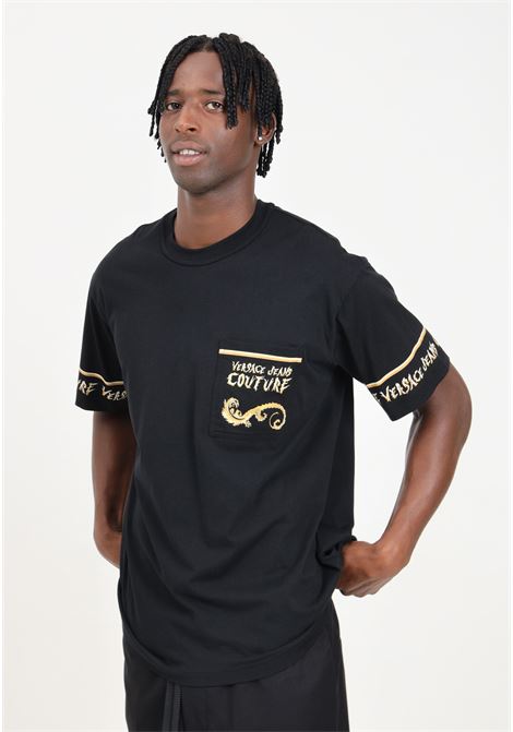 T-shirt a manica corta nera da uomo con motivi Barocco con bordi spinati VERSACE JEANS COUTURE | 77GAH6RBJS427G89